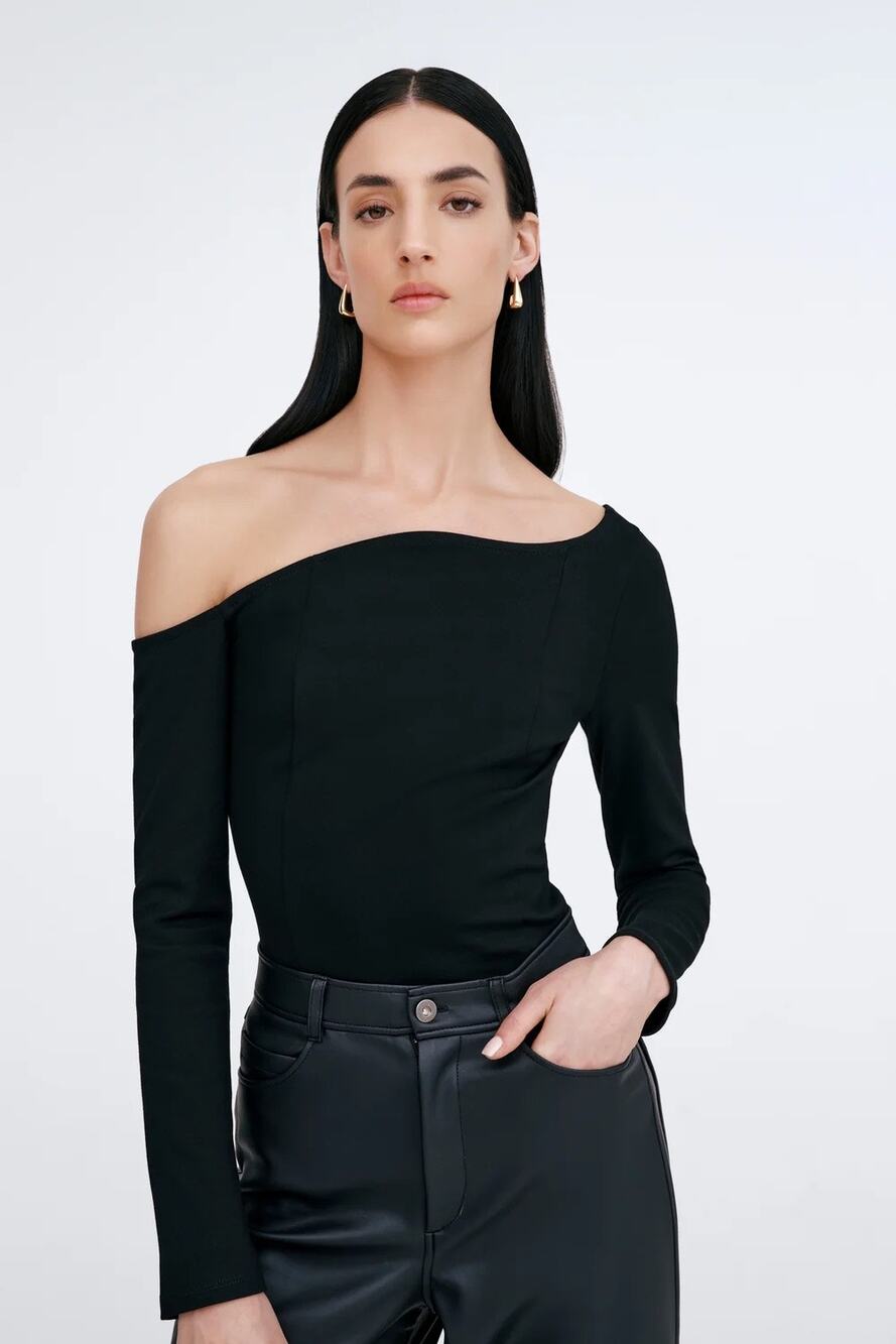 MARCELLA Sylvan Top European Ponte Asymmetric Neckline Top - Black - Size Medium